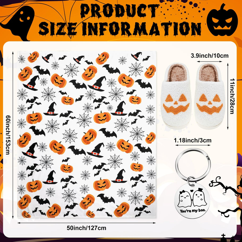 Buryeah 3 Pcs Halloween Throw Blanket Set Include 50"x60" Halloween Fleece Throw Blanket Jack O Lantern Pumpkin Fuzzy Slippers Boo Keychain for Women Men Spooky Gifts Ghost Bedroom Living Room