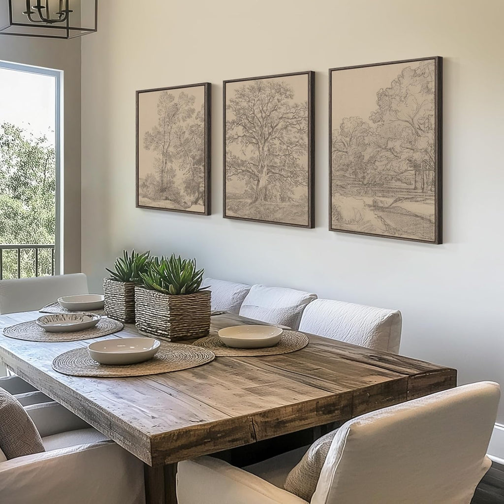 Regine Switzerland Framed Vintage Tree Sketch Set - Rustic Antique Brown Canvas Wall Art | 16x24 In