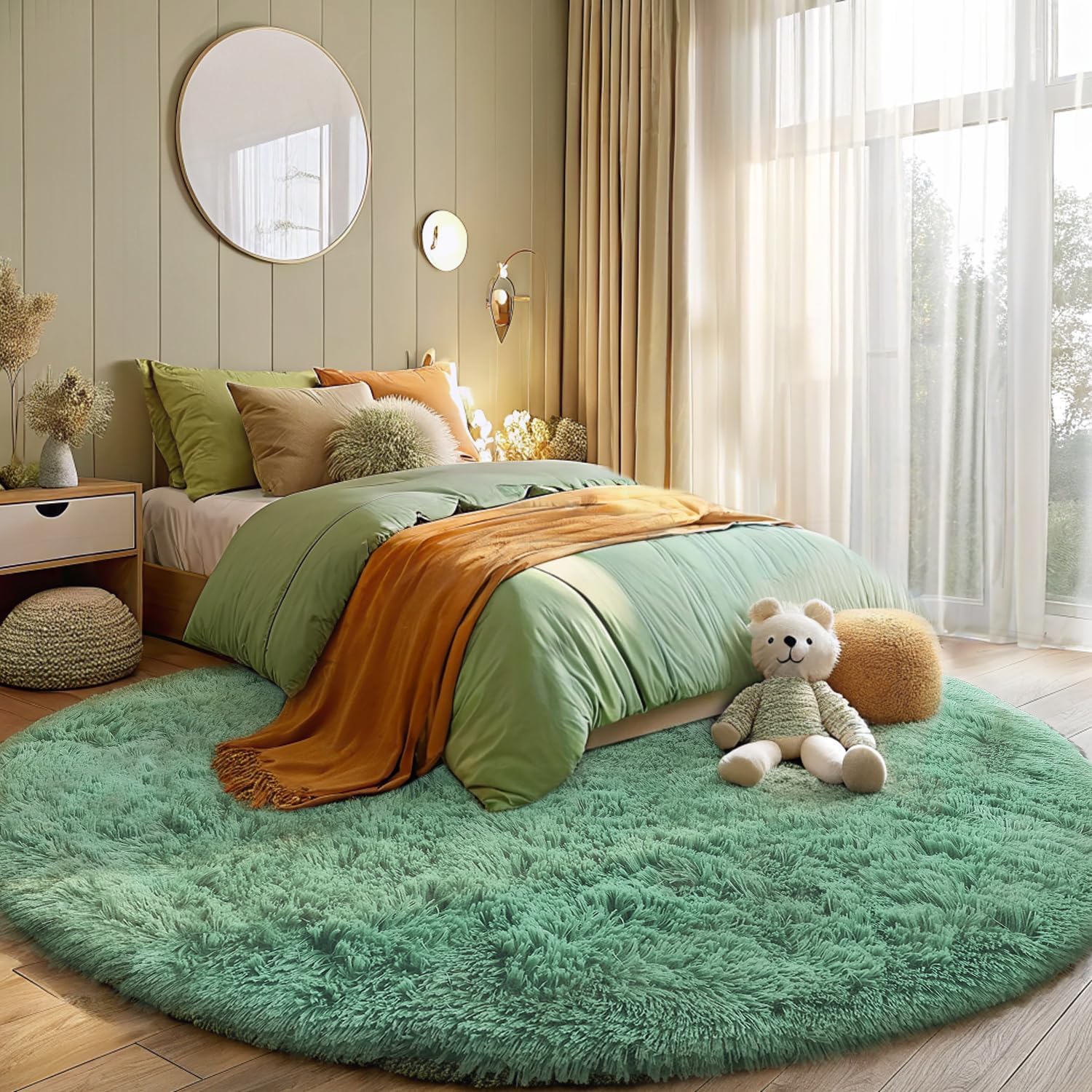 OLANLY Mint Green Round Rug - Soft, Fluffy Shaggy Carpet | 7 ft Machine Washable Area Rug for Bedroom & Living Room Decor