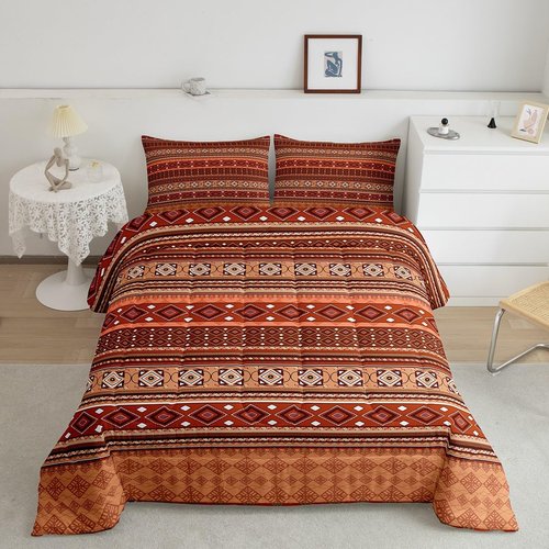 Feelyou Boho Comforter Twin Size with 1 Pillow Case Orange Bohemian Comforter Set Modern Geometric Bedding Set Stripe Line Quilted Duvet Set for Boys Girls Kids Adults