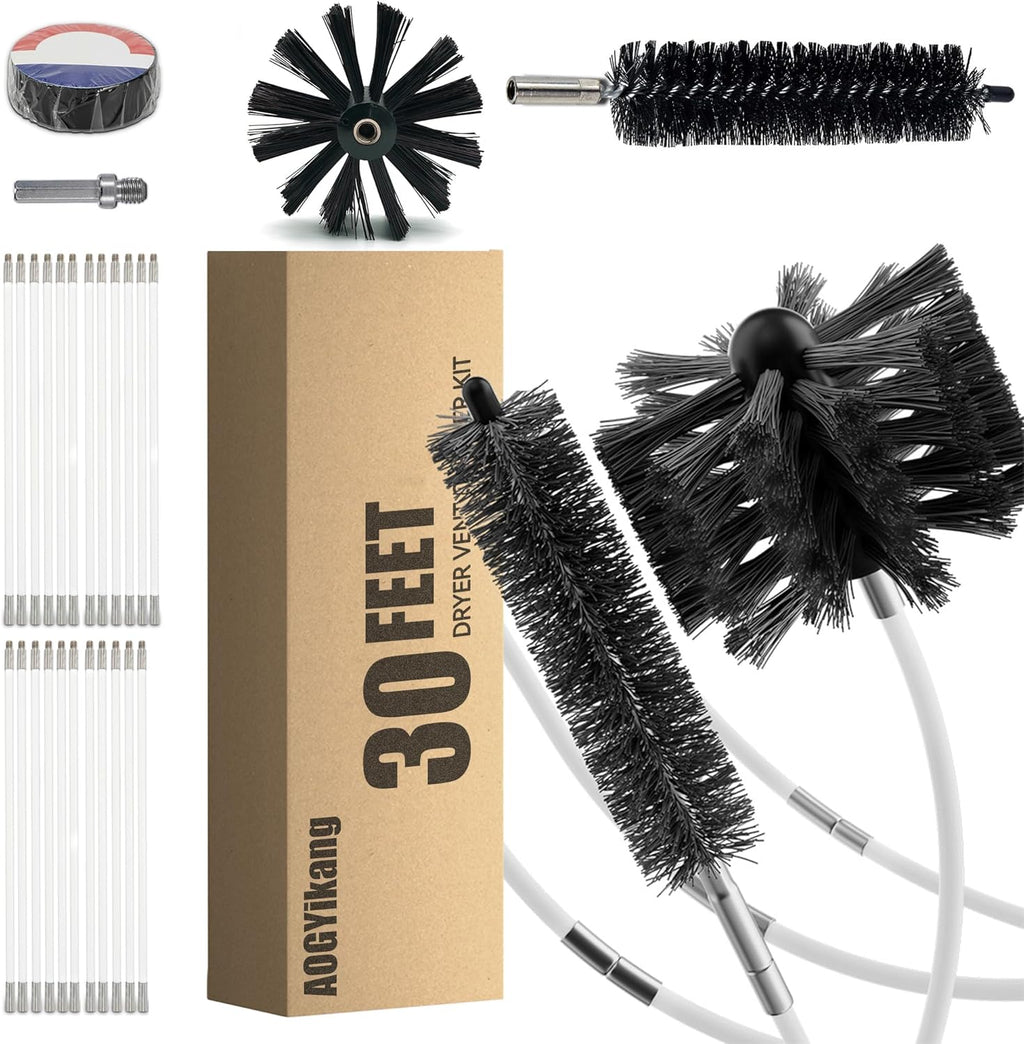 Skiennix 30 Feet Dryer Vent Cleaning Brush Kit - Durable Chimney Brush with Flexible Nylon Rod for Lint Removal