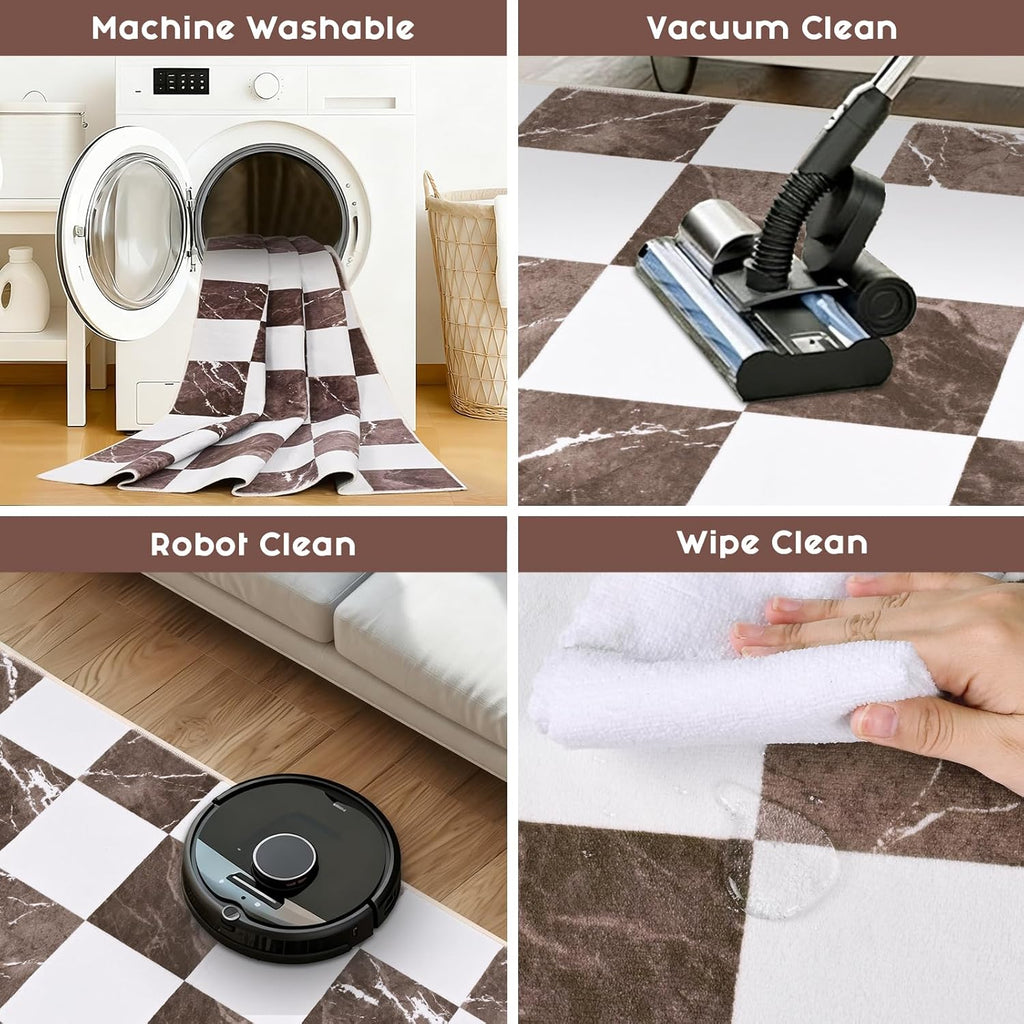 Yinhua Checkered Rug - Washable Brown and White Area Rug | Soft Non-Slip 2x3 Entryway Mat