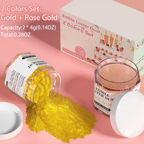Cherrysea Luster Dust Edible Set - Food Grade Shimmer Powder for Cakes & Cocktails | 4g Bottles - Rose Gold & Gold