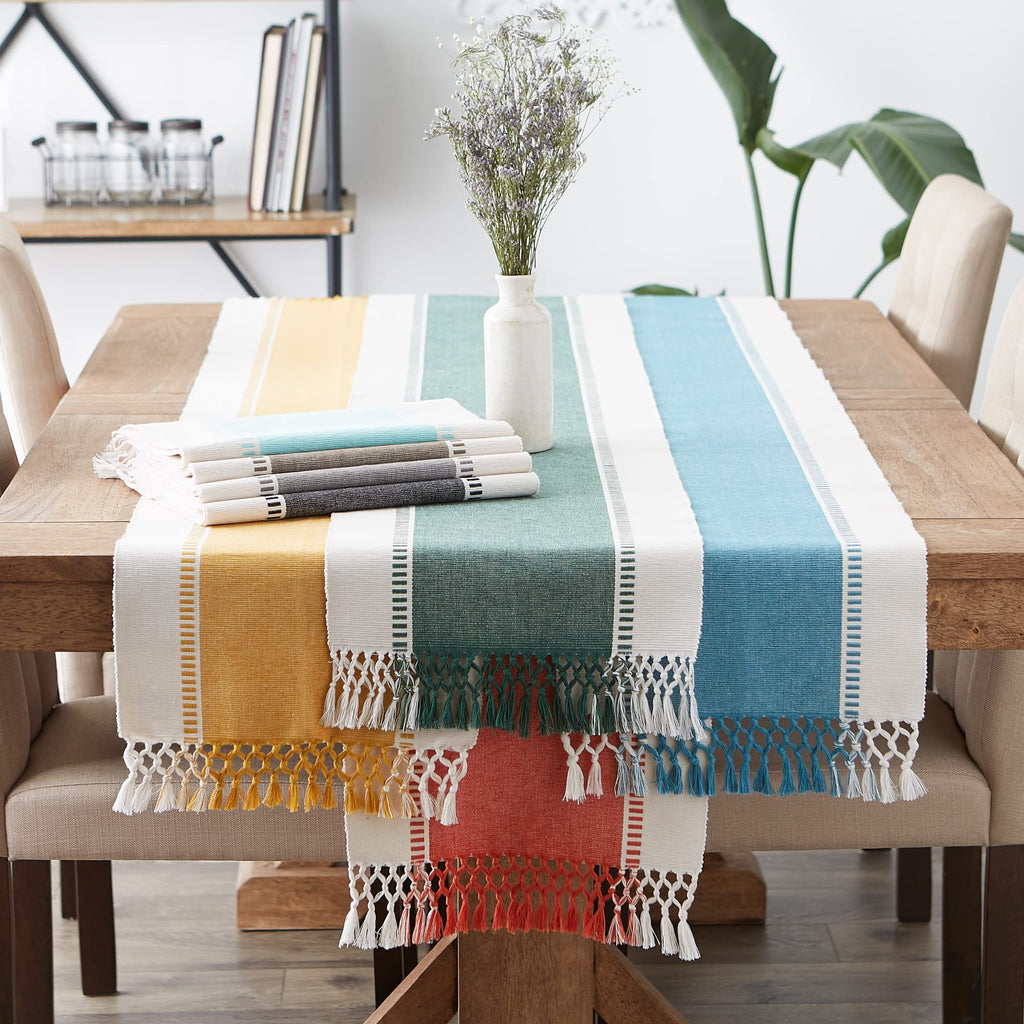 DII Dobby Stripe Woven Table Runner, 13x72 (13x77.5, Fringe Included), Spice