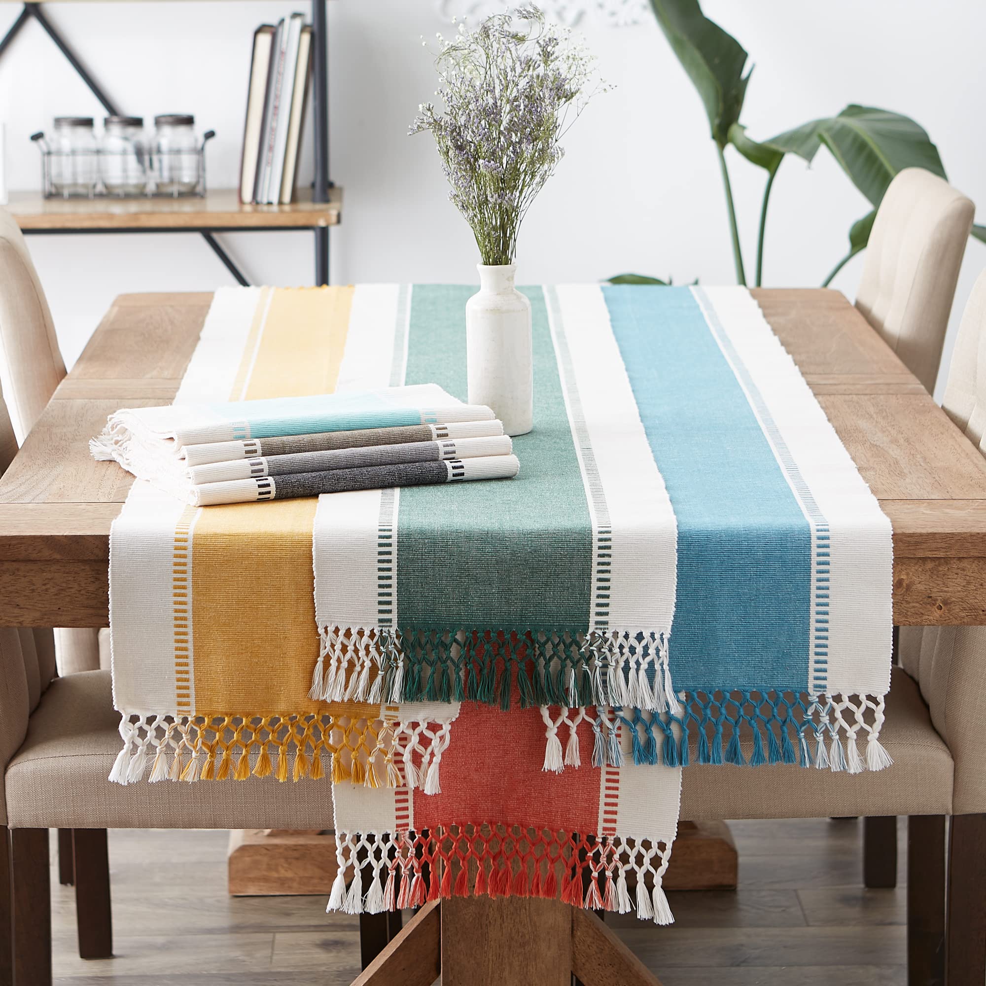 DII Dobby Stripe Woven Table Runner, 13x72 (13x77.5, Fringe Included), Spice