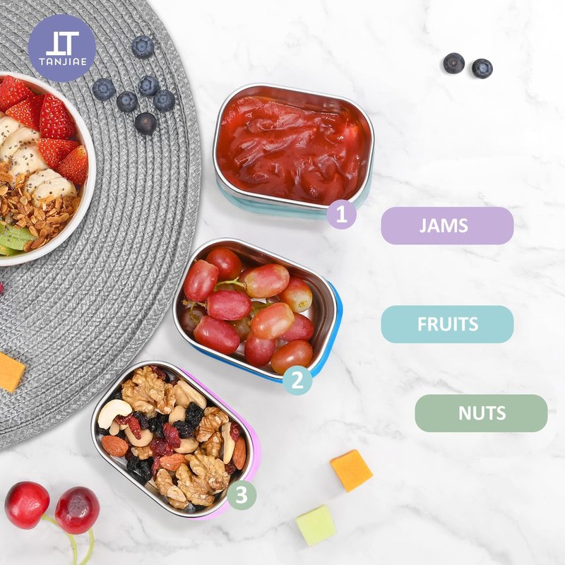 Tanjiae Snack Pro - Small (1 CUP) Stainless Steel Snack Containers for Kids | Easy Open Leak Proof Food Containers with Silicone Lids - Perfect Metal Toddler Lunch Box for Daycare and School (8oz*3)