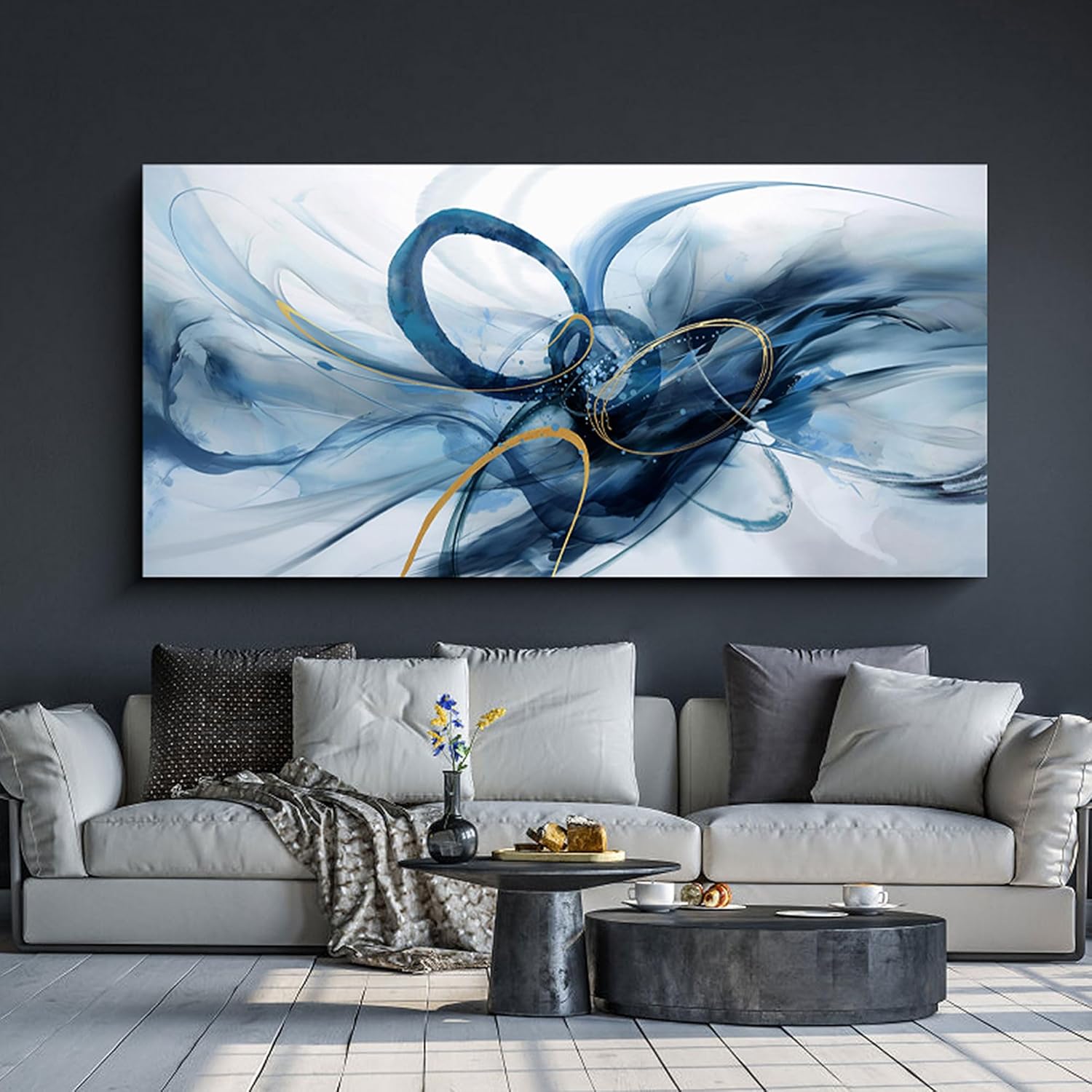 XLSJERST Extra Large Canvas Wall Art - Modern Abstract Design in Blue and White for Living Room Decor