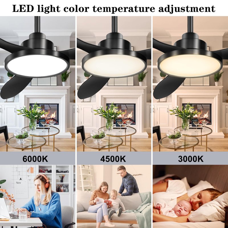 Ohniyou 52 Inch Black Ceiling Fan with Light and Remote Control, Outdoor Ceiling Fan for Patios, Modern Ceiling Fans with Quiet DC Motor, Reversible, 3CCT, 3 Blade Ceiling Fans for Living Room Bedroom