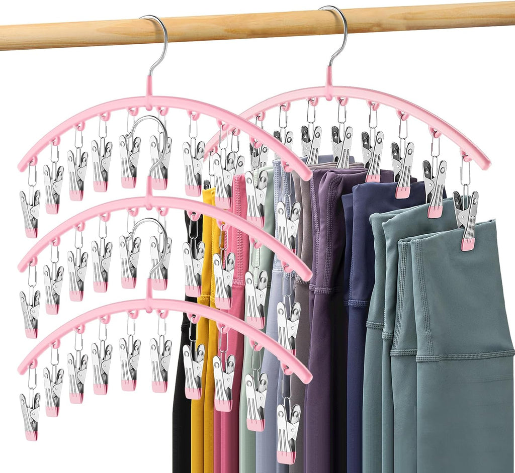 Skiennix Legging Organizer - Space-Saving Metal Yoga Pants Hangers, 4 Pack with 10 Clips, Pink