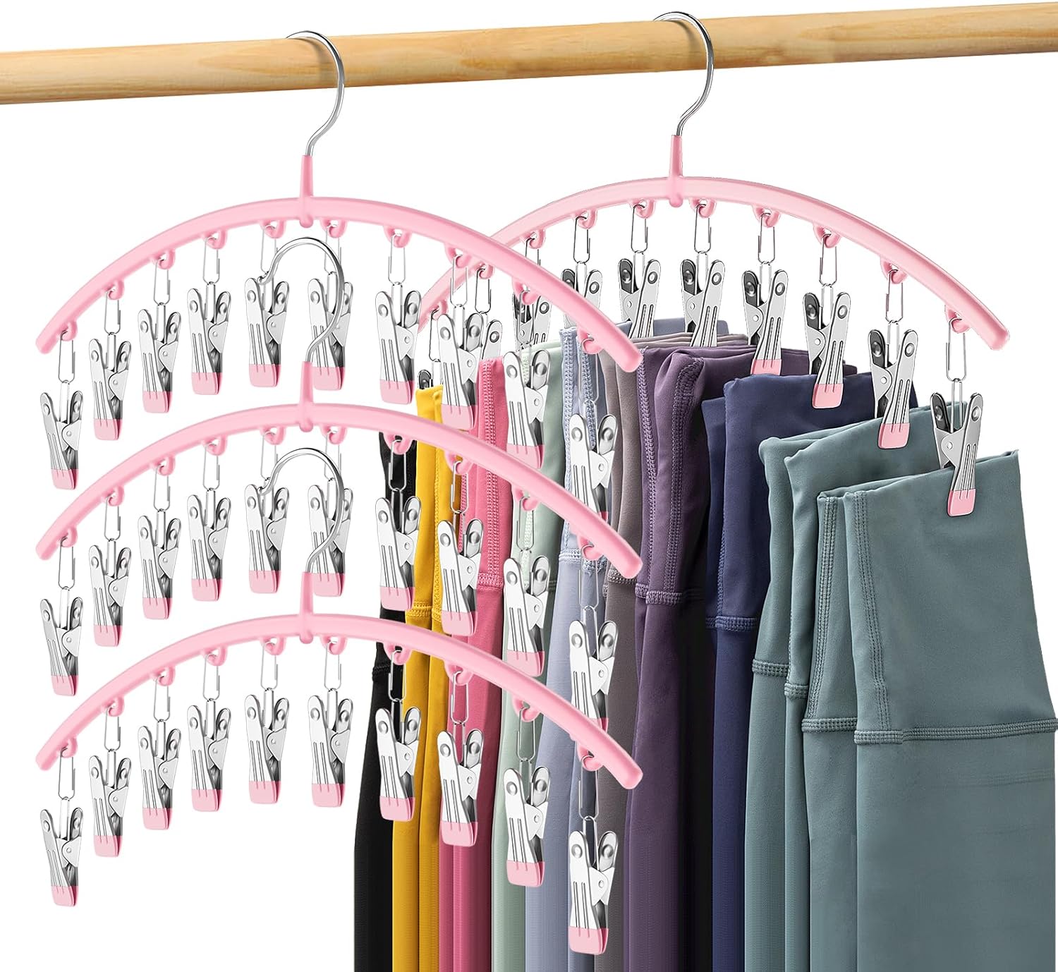 Skiennix Legging Organizer - Space-Saving Metal Yoga Pants Hangers, 4 Pack with 10 Clips, Pink