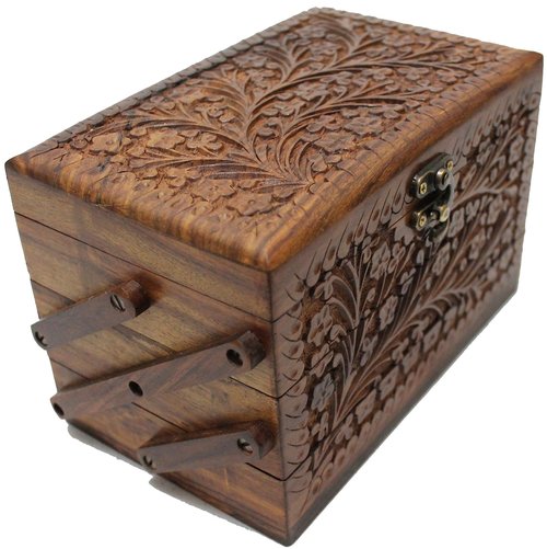 Valentine's Gifts - Handcrafted Jewelry Box with Floral Carvings, 3-Compartment Jewelry Organizer for Earrings, Rings, Necklaces (Large Size 8''x5''x5'')