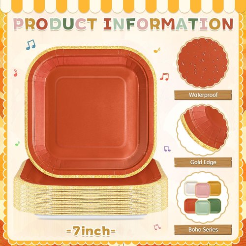 Tiangrid 60 Pcs Boho Colorful Paper Plates 7 Inch Gradient Disposable Square Dessert Party Plates with Gold Edge for Birthday Wedding Bridal Baby Shower Party Supplies, 6 Colors