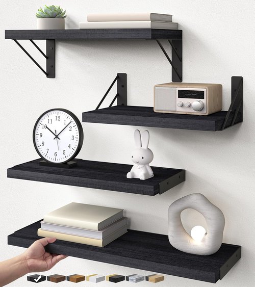 BAYKA Wall Mounted Floating Shelves - Space-Saving Wood Display & Organizer for Books | Black, Set of 4
