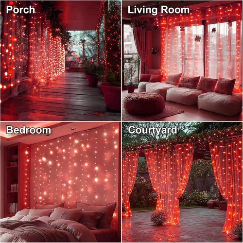 HXWEIYE 300LED Fairy Curtain Lights - 9.8x9.8Ft USB Plug-In with Remote | 8 Modes for Wedding & Bedroom Decor, Red