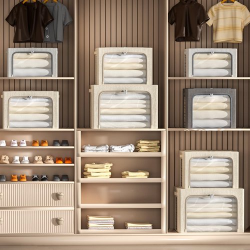 CYhom 4 Pack Clothes Storage Bins with Metal Frame - Linen Fabric Foldable Stackable Container Organizer Set with Clear Window & Carry Handles & Zippers (Light Grey, 23.6"x16.5"x15.7")