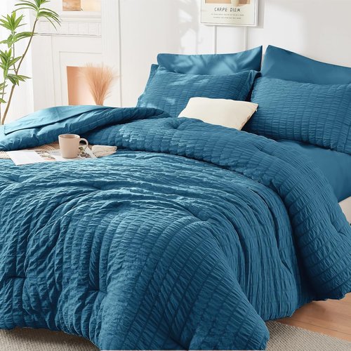 HYMOKEGE Teal Full Size Comforter Set - 7-Piece Luxury Bedding in Seersucker for All Seasons