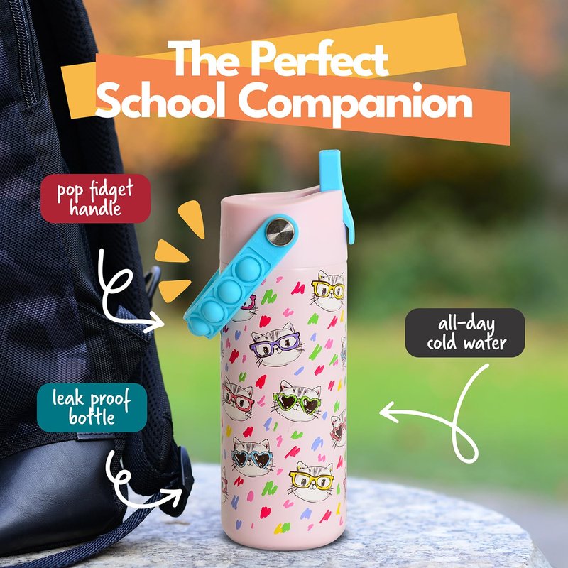 Elemental Insulated Kids Water Bottle, Stainless Steel Water Bottle with Straw Lid & Pop-It Handle, Leak-Proof Water Bottles for School, Boys or Girls, Travelling and Sports, 18oz - Stylish Cat