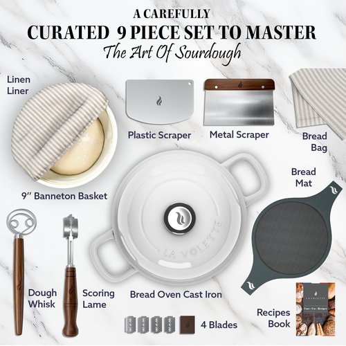 Enameled Cast Iron Bread Pan With Lid 9 Piece Complete Bread Baking Set | Dutch Oven for Bread Baking | 10 Inch Bread Oven with Lid | Thick Enamel | Silicone Baking Mat | Banneton | 6 Quart (white)