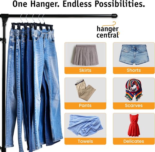 Hanger Central 12 Inch Slim Pants Hangers - Heavy Duty Non-Slip Clips for Skirts & Shorts | Black 12 Pack