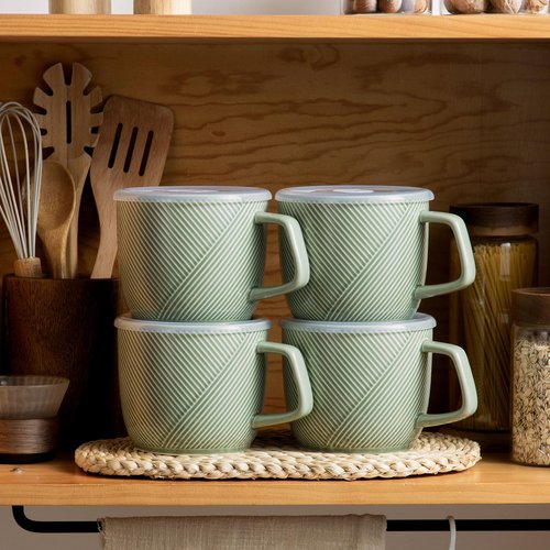 Adewnest Ceramic Soup Bowls with Lid & Handle: 32 oz Microwave Safe Food Containers for Ramen Noodles Cereal Leftovers - Extra Large Mugs for Breakfast Lunch Picnic Camping - Green, Set of 4