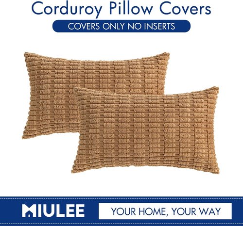MIULEE Corduroy Lumbar Throw Pillow Covers - Soft Boho Striped Design | 20x12 Inch for Modern Farmhouse Decor