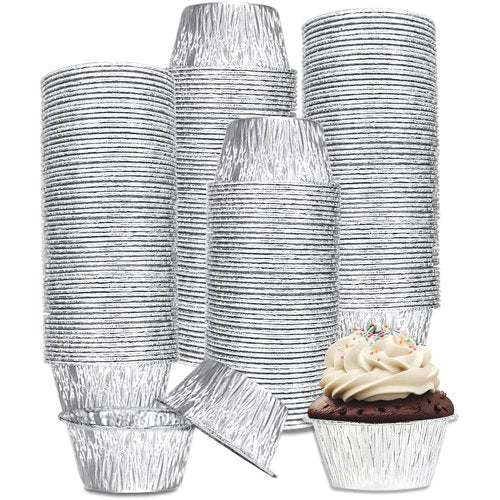 Aluminum Foil Baking Cups 150 Pcs, SUPPHOUS 4 Oz Disposable Ramekin Aluminum Cupcake liners, Silver Foil Baking Cups Muffin Liners for Cupcake, Baking, Egg Tart, Pudding, Creme Brulee