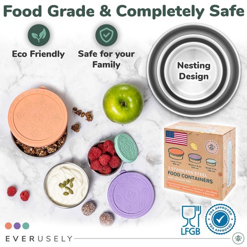 Everusely - Stainless Steel Food Containers - 3 Pack, Bright - Metal Lunch Box - Nesting Snack Containers for Office, Home Food Storage - Leakproof Silicone Lids - Dishwasher and Freezer Safe