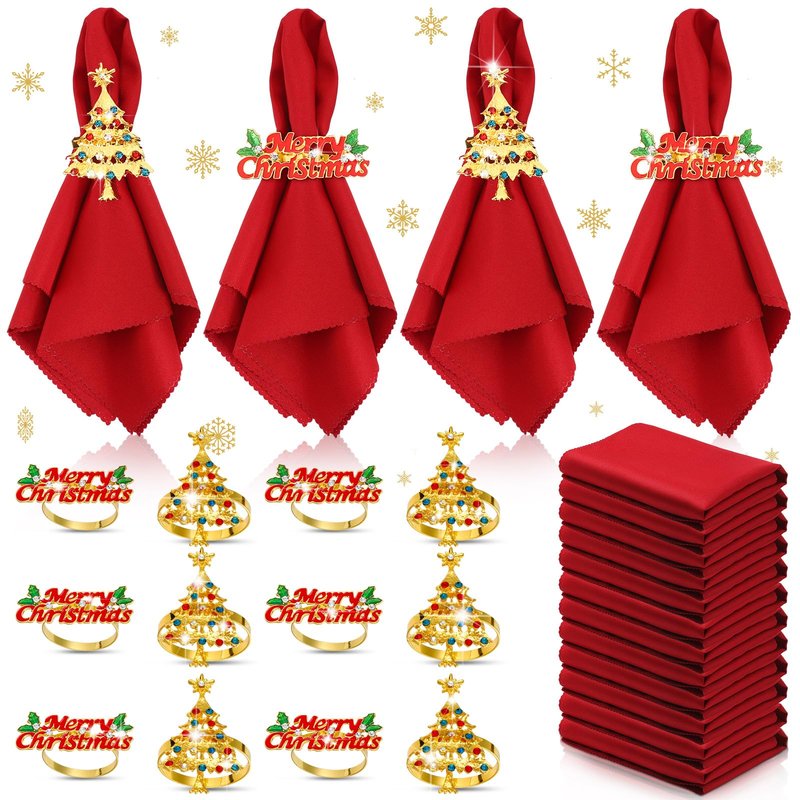 Sliner 24 Pcs Christmas Napkins and Ring Set 12 Pcs Red Washable Christmas Napkins Cloth and 12 Pcs Xmas Napkin Rings Holder for Holiday Dinner Party(Metal,Letter, Christmas tree)