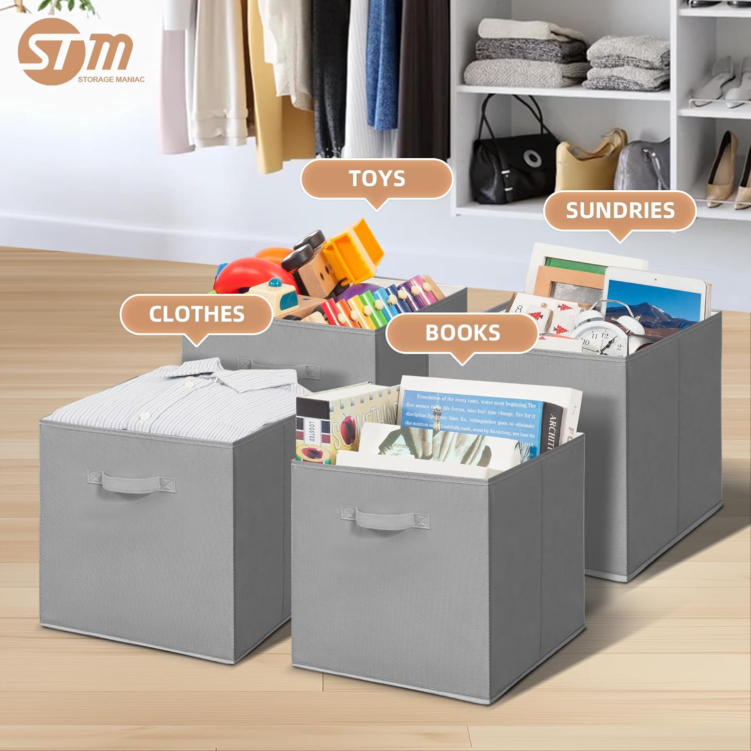 Storage Maniac Collapsible Storage Cubes - 13 Inch Fabric Bins with Handles | 6-Pack Grey for Easy Organization