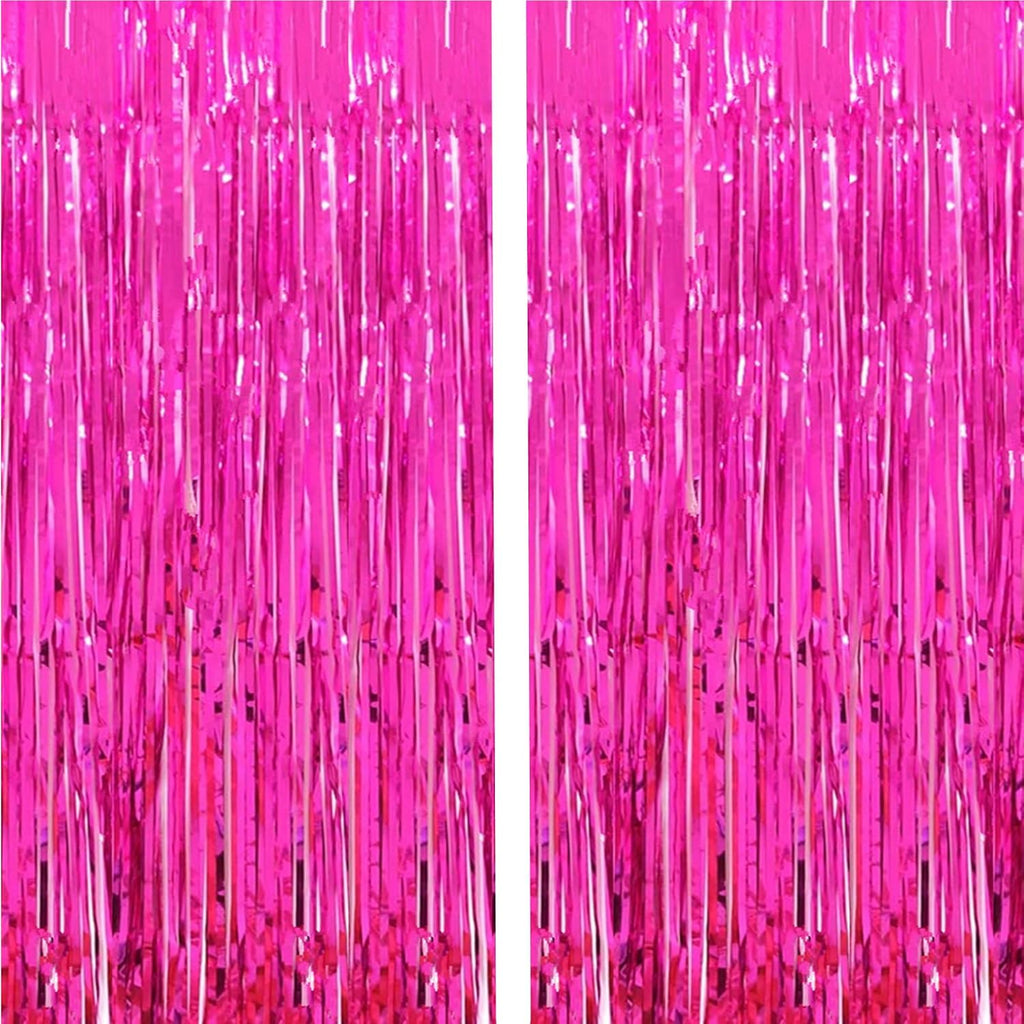 Shiny Hot Pink Metallic Tinsel Foil Fringe Curtains | 2 Pcs 3.2ft x 8.2ft Backdrop for Parties & Celebrations