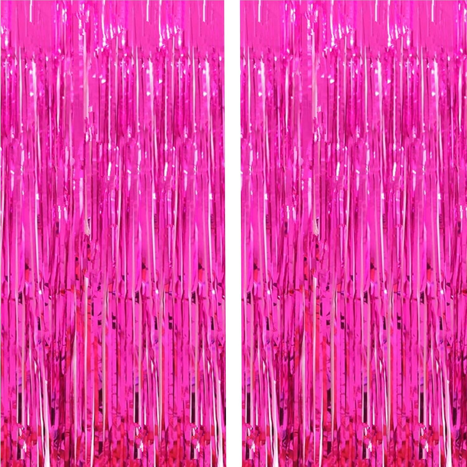 Shiny Hot Pink Metallic Tinsel Foil Fringe Curtains | 2 Pcs 3.2ft x 8.2ft Backdrop for Parties & Celebrations