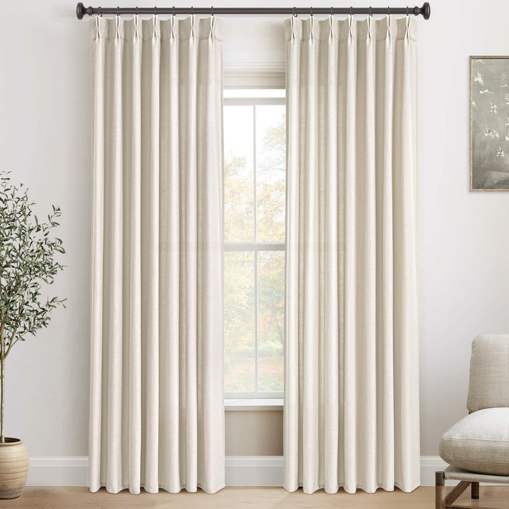 Linen Pinch Pleat Curtains 84 inches Long 2 Panels for Living Room Track System Light Filtering Semi Sheer Pinched Pleated Curtain Memory Trained with Hooks Neutral Thick Oatmeal Linen Drapes Apricot