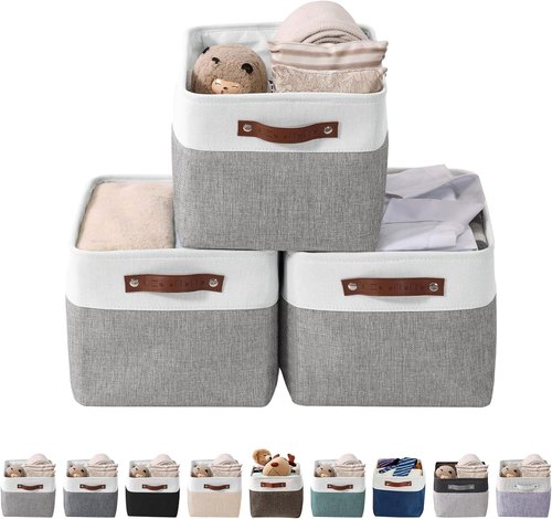 DECOMOMO Storage Baskets - Large Fabric Storage Bins for Organizing Linen Closets | Grey & White - 3 Pack