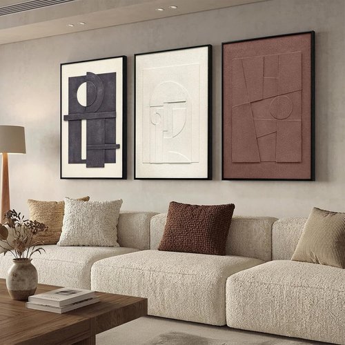 3D Textured Framed Wall Art, 3 Piece Neutral Artwork for Walls, Modern Minimalist Wall Paintings, White Black Geometric Texture Wall Decor for Living Room, Hallway, Office, 24x36In