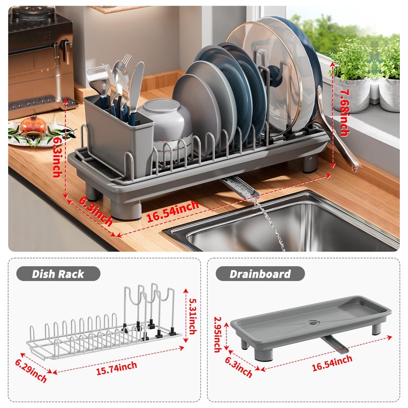 SanDream Small Dish Drying Rack with Removable Utensil Holder & Anti-Scratch Base - Stainless Steel Dish Rack, Dish Drying Rack with Drainage & Space Saving Design for Kitchen Counter, Gray