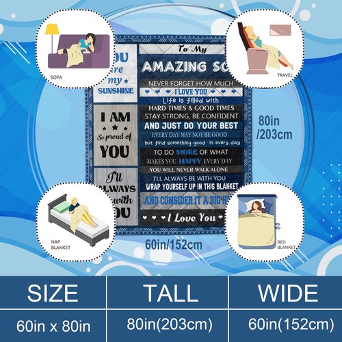Quilazy Gifts for Son, to My Son Gifts from Mom Dad, Happy Birthday Son Boy Blanket, Christmas Valentine Father Day Baptism Graduation Birthday Gift for Adult Grown Sons Teen Boys Blanket 80"X 60"