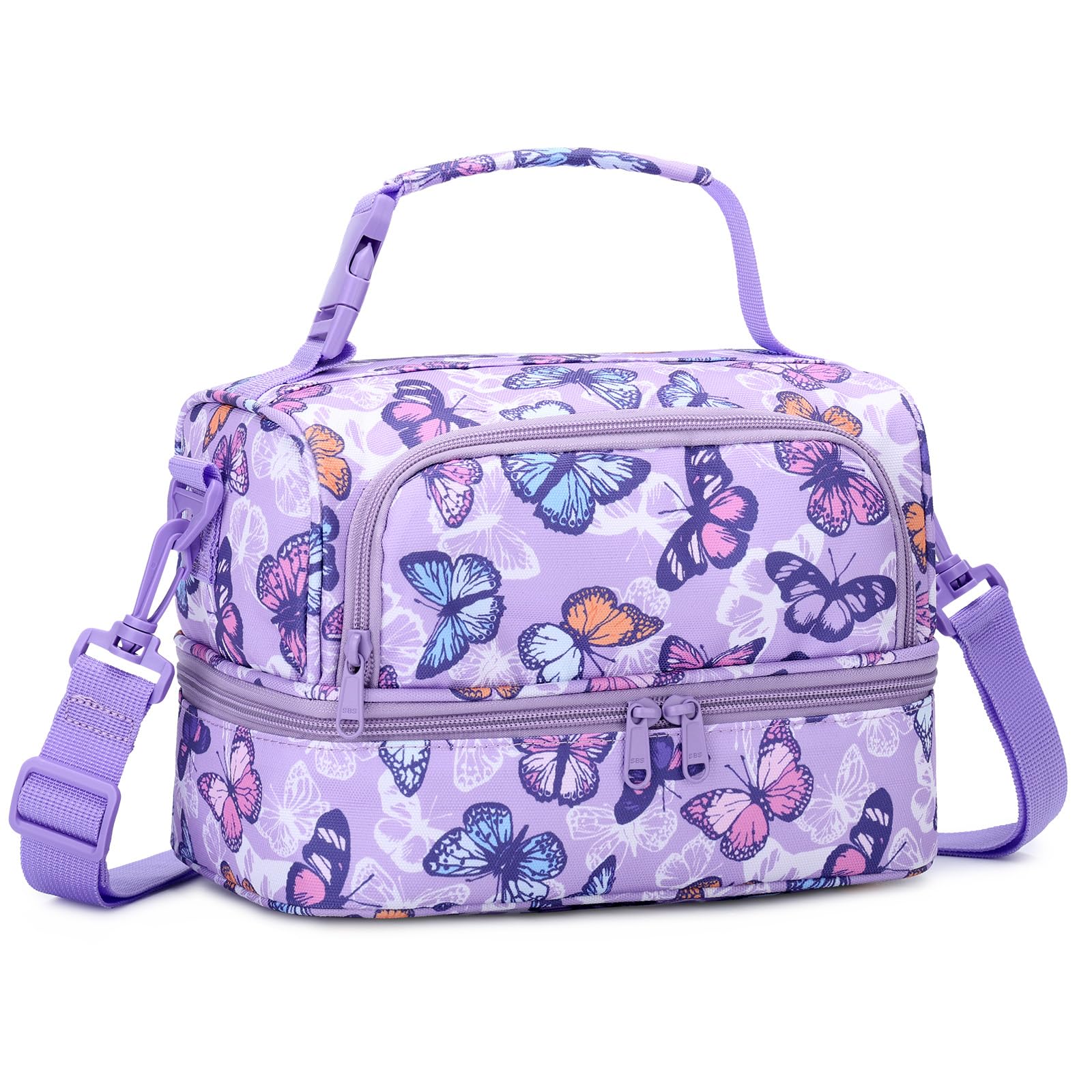 Chase Chic Lunch Bag for Girls, Insulated Reusable Large Cute Dual Lunch Bag Box Container for Kids Toddler School Daycare Purple Butterfly