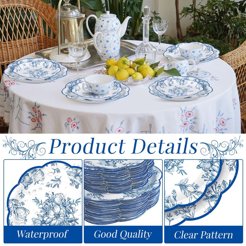 Booson 100 Pcs Blue Floral Plates Blue and White Flower Paper Plate 7 Inch 9 Inch Disposable Dessert Dinner Plates for Baby Bridal Shower Tea Party Supplies Wedding Birthday Decoration