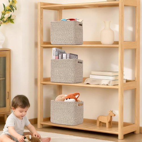 Jute 3 Pack Cube Storage Bins - 9”x9”x7” Cotton Rope Baskets for Organizing Toys, Clothes & More