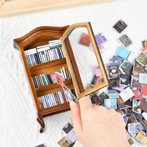 Handcrafted Mini Bookshelf | 100+ Unique Miniature Books for Book Lovers - Perfect Small Library