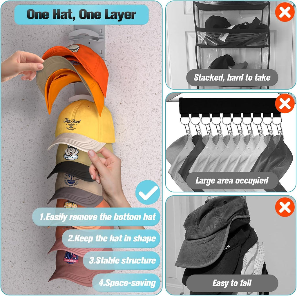 Skiennix Hat Organizer - Wall-Mounted Rack for Up to 10 Baseball Caps | Strong Adhesive, Grey