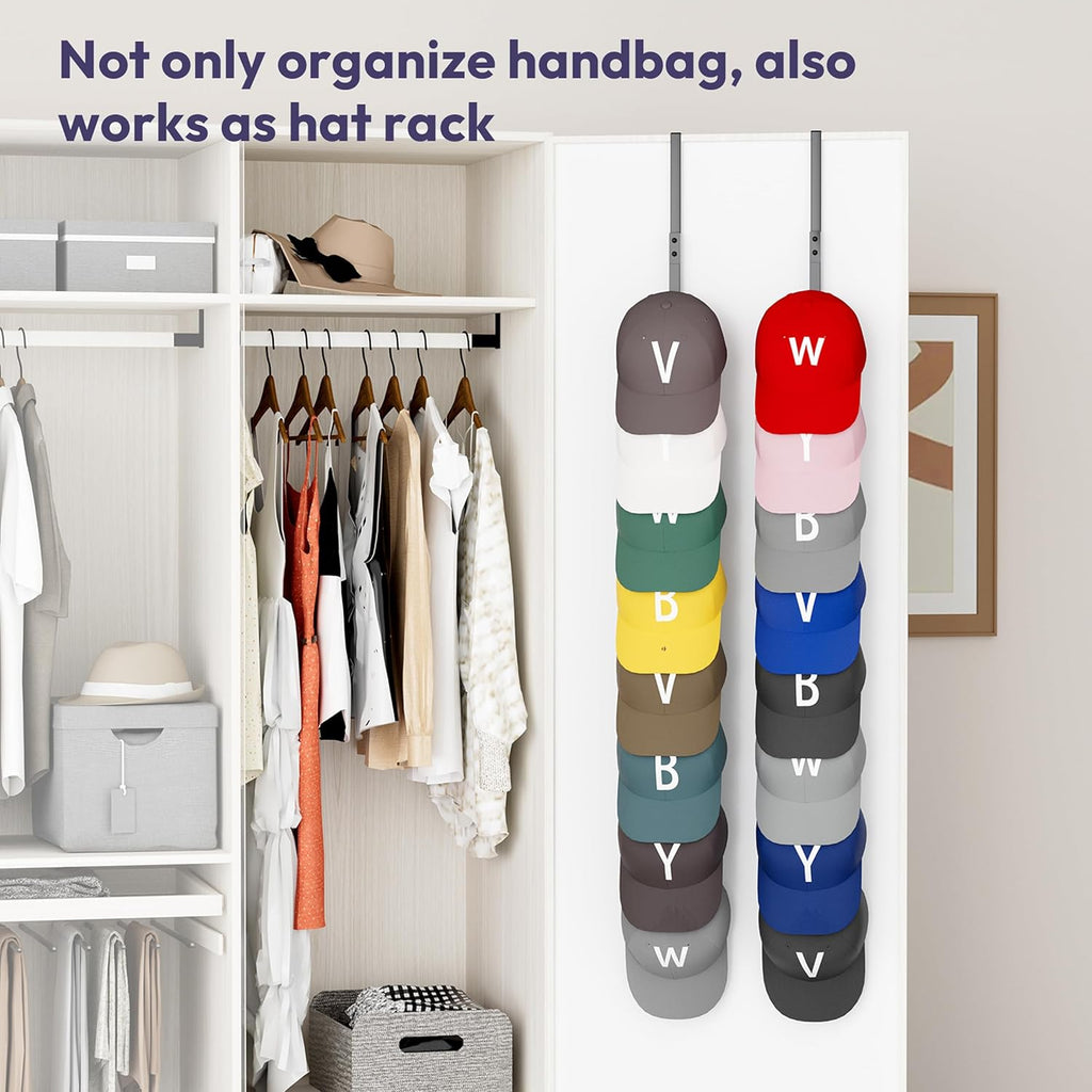 SWTYMIKI Over The Door Purse Organizer - Wall Mounted Rack with 8 Hooks for 16 Bags | Black