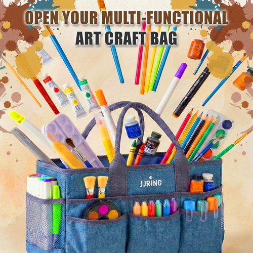 JJRING Large Art Supply Storage Tote Bag - Sturdy Craft Organizer with Mesh Pockets | Green, Foldable Design for Artists & Teachers