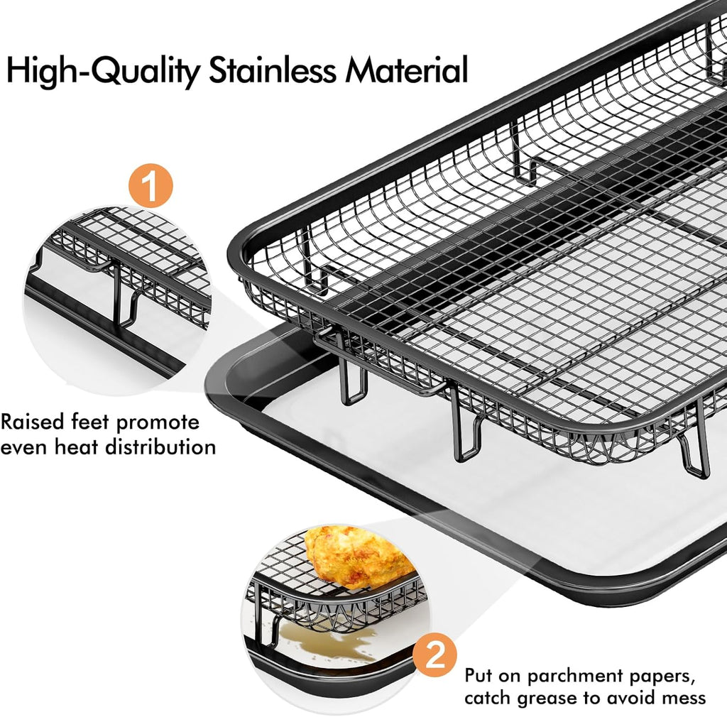 THORSES Air Fryer Basket - Large 15.7" x 11.6" Non-Stick Stainless Steel Tray with 30 Parchment Sheets - Black