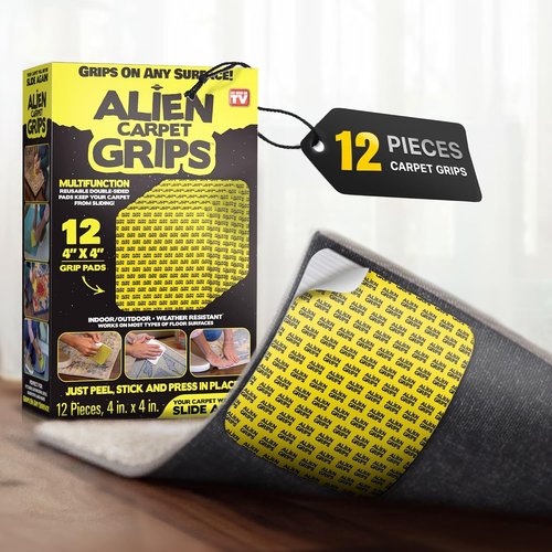 Alien Grip Carpet Tape | 12pcs Anti-Slip Rug Gripper - 4x4 in. Double-Sided, No Damage, Reusable