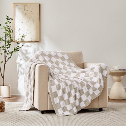 Cozzenity Checkered Throw Blanket, Taupe Soft Cozy Fluffy Knitted Throw Blankets for Couch, Sofa, Bed, Chair, Warm Fuzzy Travel Picnic Lightweight Plaid Blanket, 50x70 inches