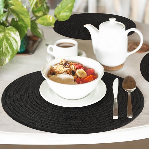 MEGASKET Placemats Set of 6, 13" Round Woven Table Mats, Cotton Rope Placemats for Kitchen and Dining Table, Farmhouse Wicker Rattan Place Mats for Decor, Non Slip, Heat Resistant Hot Pods, Black