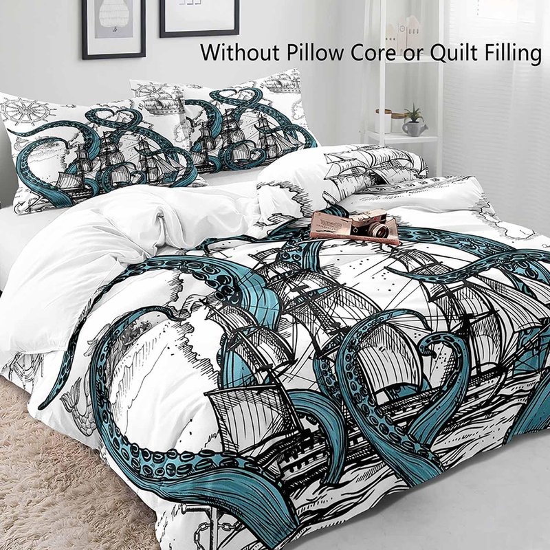 LUVIVIHOME 3PCS Octopus Duvet Cover King Bedding Set, White Duvet Cover, Teal Kraken Tentacles Sailboat Anchor Rudder Coastal Ocean Marine Sea Animal Nautical Comforter Quilt Cover, 2 Pillow Cases