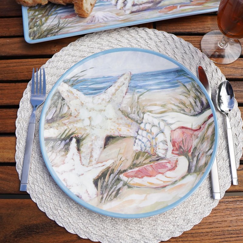 Seacoast Melamine Dinner Plates Set of 6 – 11" Coastal Shell and Starfish Beach-Themed Plates, Reusable Ocean-Inspired Break-Resistant Dinnerware, BPA-Free, Dishwasher Safe for Outdoor Use