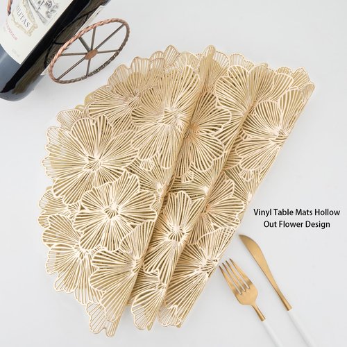 Placemats Set of 6, Gold Place Mats Hollow Out Pressed Flowers Vinyl Round Table Mats Washable for Dining Table Christmas Holiday Decorations
